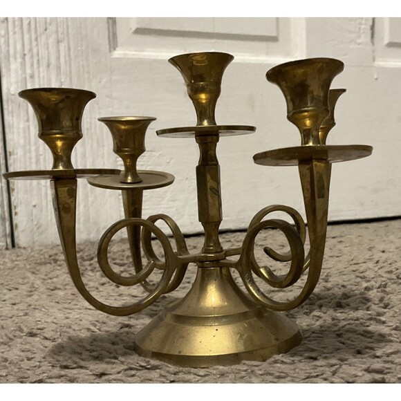 Vintage Aged Brass Candle  - 4 Arms 1 Head Style  Heavy Brass - Picture 5 of 8